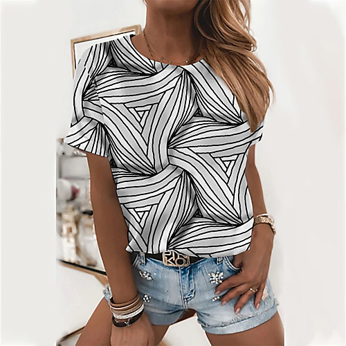 

Women's Geometric Painting T shirt Graphic Geometric Print Round Neck Basic Tops White Purple