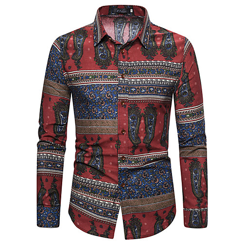 

Men's Shirt Other Prints Graphic Long Sleeve Casual Tops Ethnic Style Wine