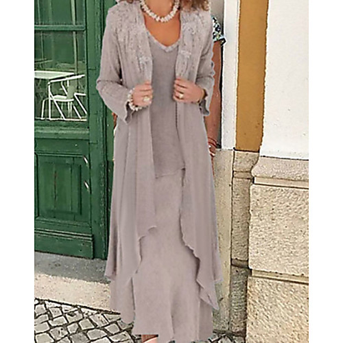 

Two Piece A-Line Mother of the Bride Dress Wrap Included V Neck Floor Length Chiffon Long Sleeve with Appliques 2021