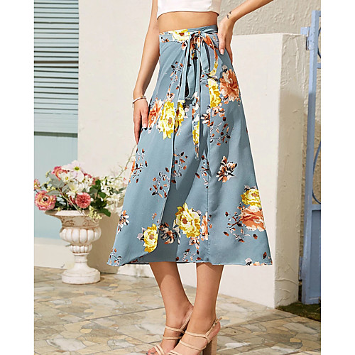 

Women's Holiday Vacation Streetwear Boho Skirts Floral / Botanical Split Print Blue