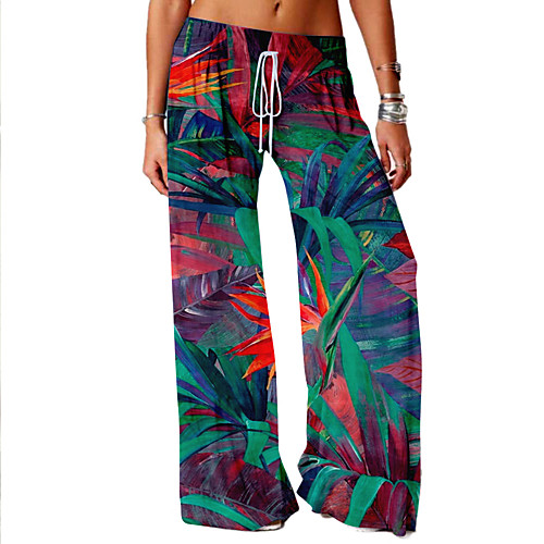 

Women's Basic Soft Comfort Daily Home Wide Leg Pants Plants Tropical Full Length Elastic Drawstring Design Print Green