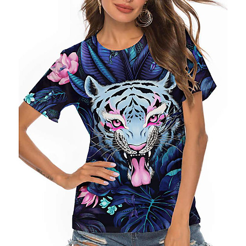 

Women's T shirt Floral Plants Tiger Print Round Neck Tops Basic Basic Top Royal Blue