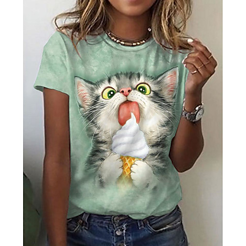 

Women's 3D Cat T shirt Cat 3D Print Round Neck Tops Basic Basic Top Green