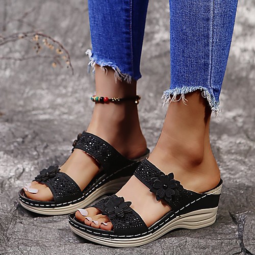 

Women's Sandals Wedge Sandals Comfort Shoes Wedge Heel Round Toe PU Flower Solid Colored Purple Black Blue