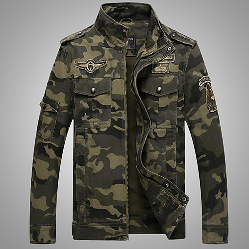 

Men's Jacket Daily Fall Winter Regular Coat Regular Fit Breathable Casual Jacket Long Sleeve Camo / Camouflage Print Army Green Khaki / Cotton