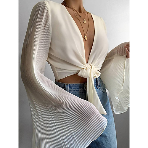 

Women's Bohemian Theme Shirt Plain Long Sleeve Lace up V Neck Boho Tops Khaki Green Beige
