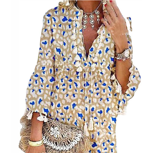 

Women's A Line Dress Knee Length Dress khaki Long Sleeve Pattern Spring Summer Boho 2021 S M L XL XXL XXXL