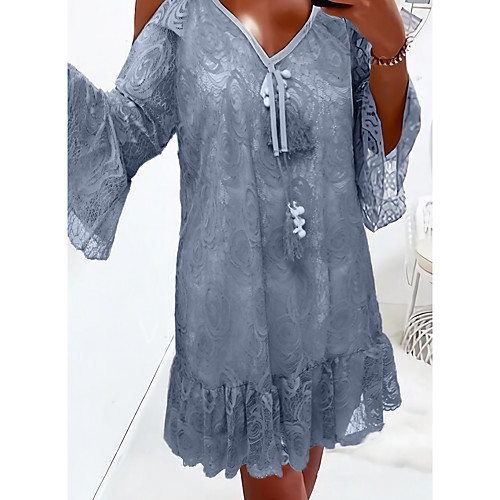 

Women's Sundress Short Mini Dress Blue Khaki Short Sleeve Solid Color Lace Summer V Neck Casual Sexy Holiday 2021 S M L XL XXL
