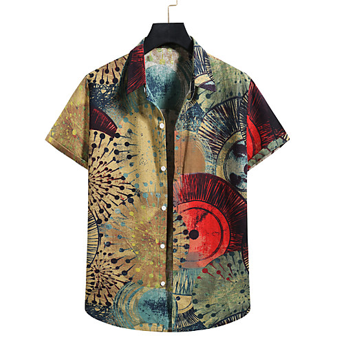 

Men's Shirt Graphic Geometry Print Short Sleeve Casual Tops Casual Tropical Beach Brown