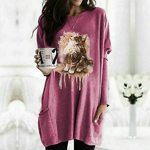 

Women's T shirt Dress Cat Graphic 3D Long Sleeve Pocket Round Neck Tops Basic Basic Top White Black Fuchsia