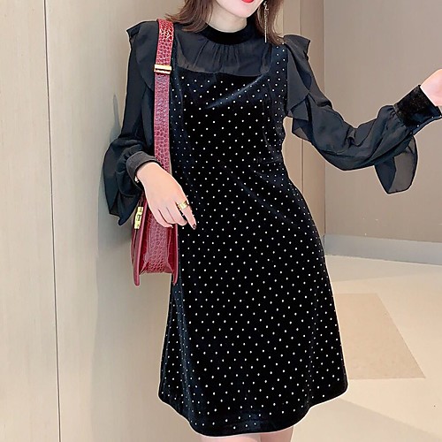 

Sheath / Column Glittering Little Black Dress Homecoming Cocktail Party Dress Jewel Neck Long Sleeve Short / Mini Velvet with Ruffles 2021