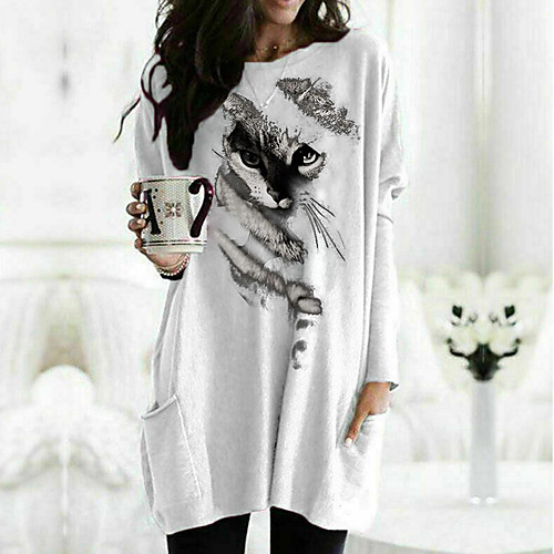 

Women's T shirt Dress Cat Graphic 3D Long Sleeve Pocket Round Neck Tops Basic Basic Top White Black Fuchsia