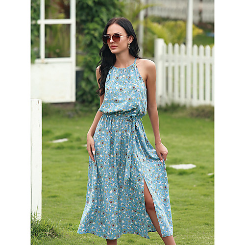 

Women's Swing Dress Maxi long Dress Blue Sleeveless Print Spring Summer Casual / Daily 2021 M L XL 2XL 3XL