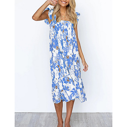 

Women's Swing Dress Midi Dress Blue Yellow Short Sleeve Print Color Block Ruffle Patchwork Print Fall Summer Square Neck Casual 2021 S M L XL