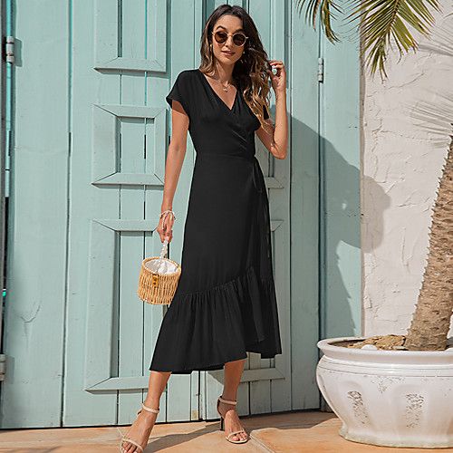 

amazon european and american cross-border women's summer new products v-neck tie irregular simple slim dress a1056