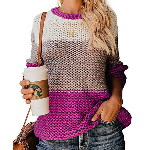 

Women's Knitted Color Block Pullover Long Sleeve Sweater Cardigans Crew Neck Fall Spring Black Blue Red