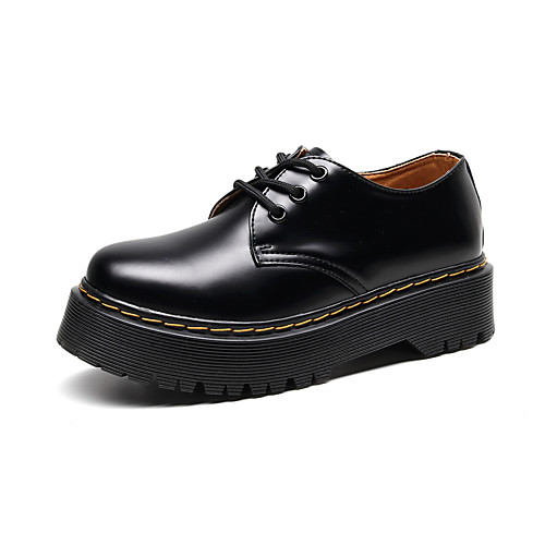 

Women's Oxfords Platform Low Heel Round Toe Nappa Leather Solid Colored Black
