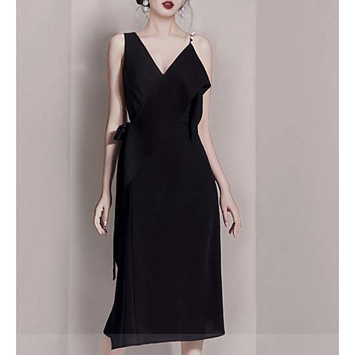 

Sheath / Column Little Black Dress Vintage Homecoming Cocktail Party Dress V Neck Sleeveless Ankle Length Stretch Fabric with Pearls 2021