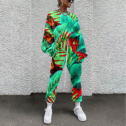 

Women's Basic Streetwear Floral Plant Vacation Casual / Daily Two Piece Set Crew Neck Tracksuit T shirt Pant Loungewear Drawstring Print Tops / Loose