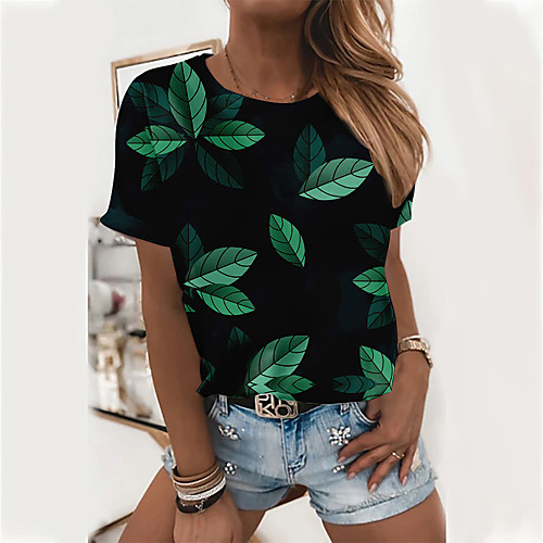 

Women's Floral Theme T shirt Plants Leaf Print Round Neck Basic Tops Black Green