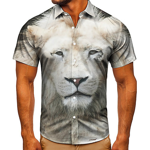 

Men's Shirt 3D Print Graphic Prints Lion Button-Down Short Sleeve Street Tops Casual Fashion Classic Breathable Gray