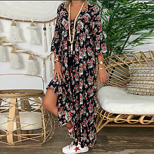 

Women's Swing Dress Maxi long Dress Black Beige 3/4 Length Sleeve Animal Summer V Neck Elegant Vintage 2021 S M L XL XXL 3XL 4XL 5XL