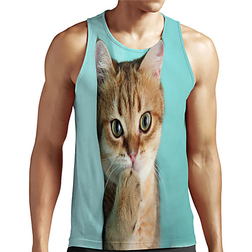 

Men's Unisex Tank Top Undershirt 3D Print Cat Graphic Prints Animal Plus Size Print Sleeveless Casual Tops Basic Designer Big and Tall Blue-Green