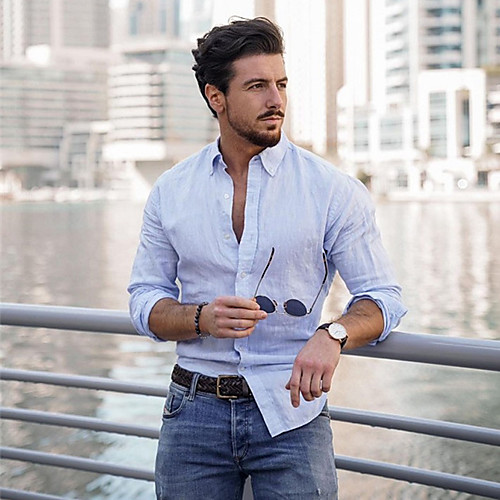 

Men's Shirt Solid Color Button-Down Long Sleeve Casual Tops Lightweight Casual Fashion Breathable Blue