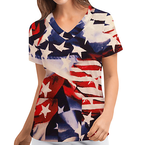 

Women's Going out T shirt American Flag National Flag Pocket Print V Neck Basic Tops Loose Blue Red Rainbow