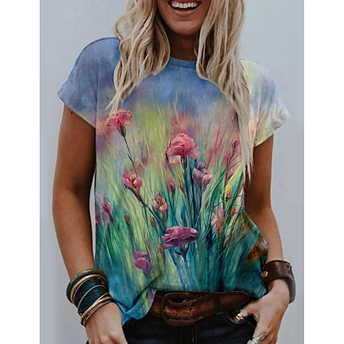 

Women's Floral Theme T shirt Floral Graphic Print Round Neck Tops Basic Basic Top Green