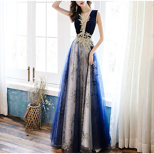 

A-Line Color Block Elegant Wedding Guest Formal Evening Dress Illusion Neck Sleeveless Floor Length Tulle with Appliques 2021