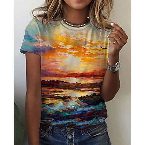 

Women's 3D Printed T shirt Scenery 3D Print Round Neck Tops Basic Basic Top Yellow