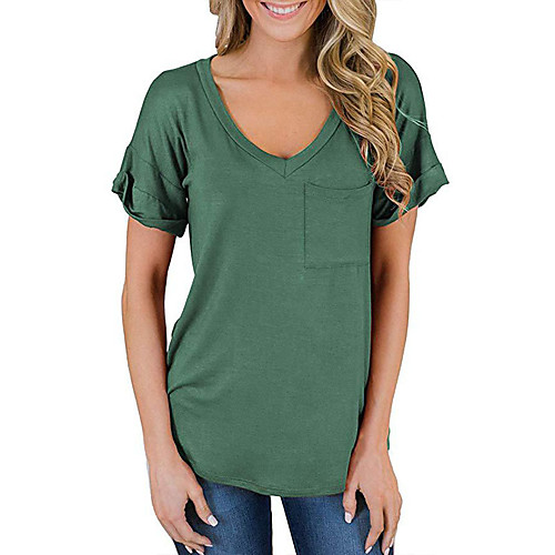 

Women's T shirt Plain Print V Neck Basic Tops Cotton Red Yellow Green
