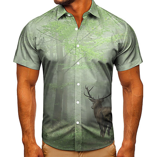 

Men's Shirt 3D Print Graphic Prints Deer Button-Down Short Sleeve Street Tops Casual Fashion Classic Breathable Green