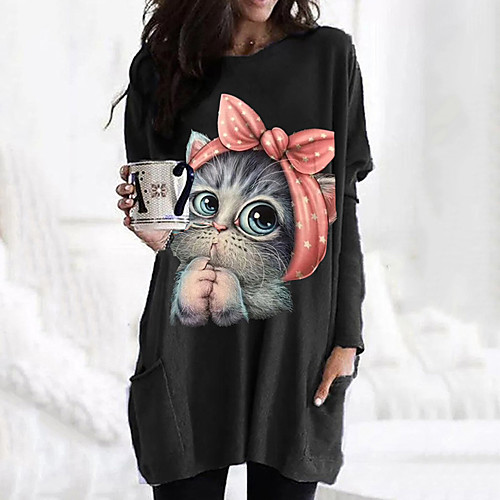 

Women's T shirt Cat Graphic Animal Long Sleeve Pocket Round Neck Tops 100% Cotton Basic Basic Top White Black Fuchsia