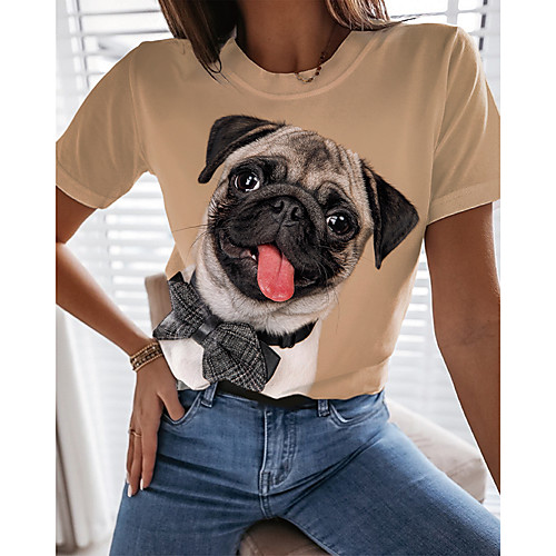 

Women's 3D Printed T shirt Dog 3D Animal Print Round Neck Basic Tops Brown