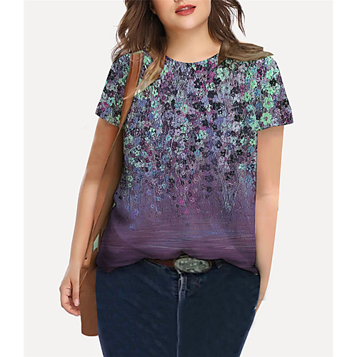 

Women's Plus Size Tops T shirt Floral Graphic Print Short Sleeve Crewneck Basic Purple Big Size XL XXL 3XL 4XL 5XL / Holiday