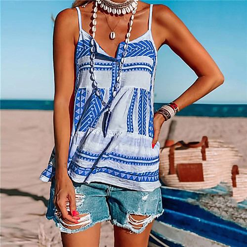 

Women's Beach Camisole Blouse Tank Top Abstract Print Square Neck Streetwear Boho Tops Loose Chiffon Blue Red Blushing Pink
