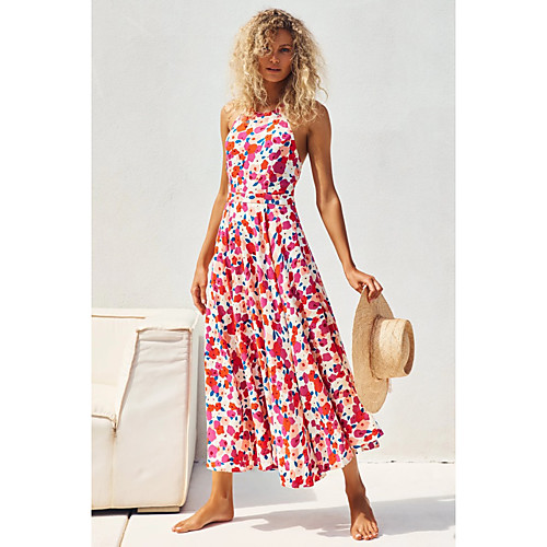 

Women's Strap Dress Maxi long Dress Rose red leaves Navy blue flowers Small white red flowers Green Sleeveless Solid Color Summer Casual / Daily 2021 S M L XL