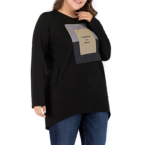 

Women's Plus Size Tops T shirt Color Block Long Sleeve Crewneck Blushing Pink Black Big Size XL XXL 3XL 4XL 5XL