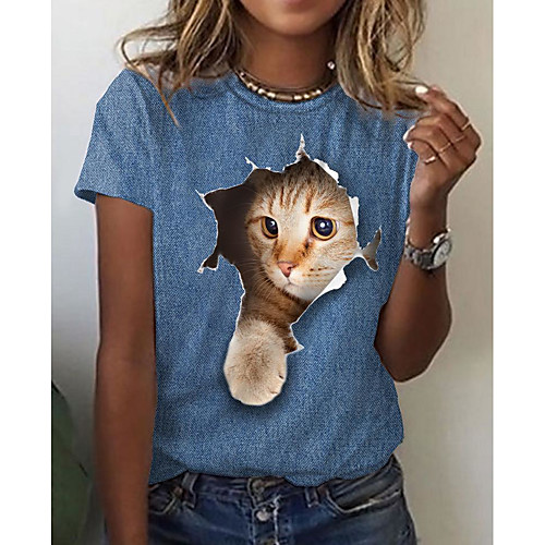 

Women's 3D Cat T shirt Cat 3D Animal Print Round Neck Basic Tops Blue