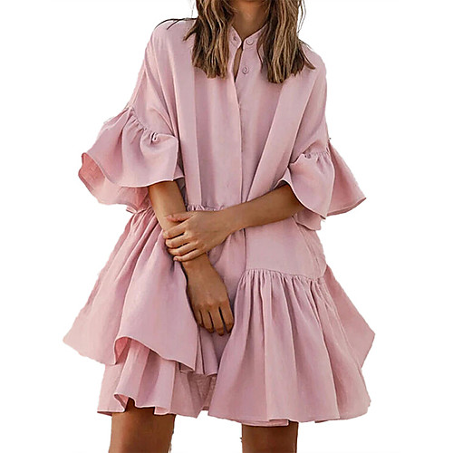 

Women's A Line Dress Short Mini Dress Blushing Pink White Short Sleeve Solid Color Smocked Ruffle Patchwork Summer Shirt Collar Casual Going out Loose 2021 S M L XL 2XL 3XL