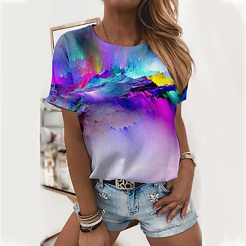 

Women's Abstract Painting T shirt Graphic Graffiti Print Round Neck Basic Tops Blue Purple Yellow