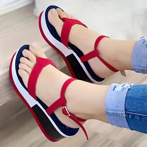 

Women's Sandals Wedge Sandals Platform Sandals Sporty Sandals Wedge Heel Round Toe PU Button Solid Colored Red