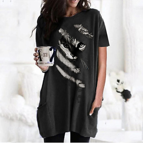 

Women's T shirt Dress Cat Graphic 3D Round Neck Tops Basic Basic Top Black Wine Army Green