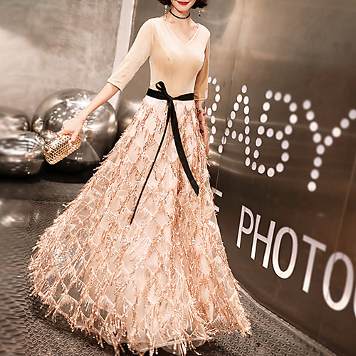 

A-Line Glittering Elegant Wedding Guest Prom Dress V Neck Half Sleeve Floor Length Sequined Velvet with Sash / Ribbon Sequin Tassel 2021
