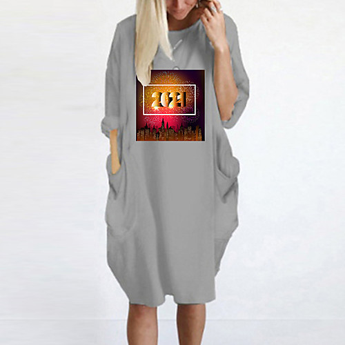 

Women's T Shirt Dress Tee Dress Knee Length Dress Blue Yellow Fuchsia Gray Green White Black Long Sleeve Print Spring Summer Round Neck Casual Oversized 2021 S M L XL XXL 3XL 4XL 5XL