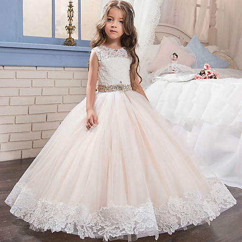 

A-Line Floor Length Flower Girl Dresses Party Tulle Sleeveless Jewel Neck with Solid