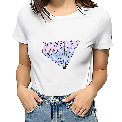 

Women's Painting T shirt Sticker Print Round Neck Basic Tops Cotton White Blue Blushing Pink