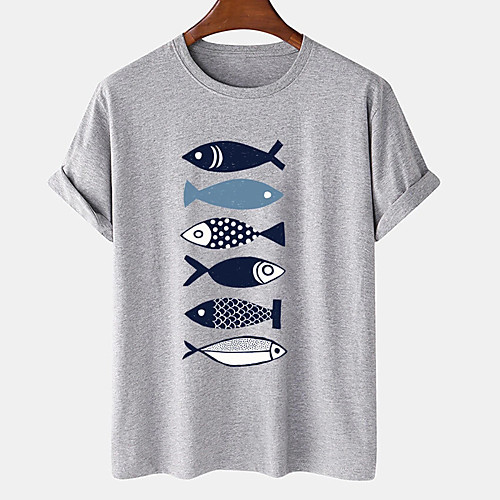 

Men's Unisex Tee T shirt Hot Stamping Graphic Prints Fish Plus Size Print Short Sleeve Casual Tops Cotton Basic Designer Big and Tall Khaki Gray